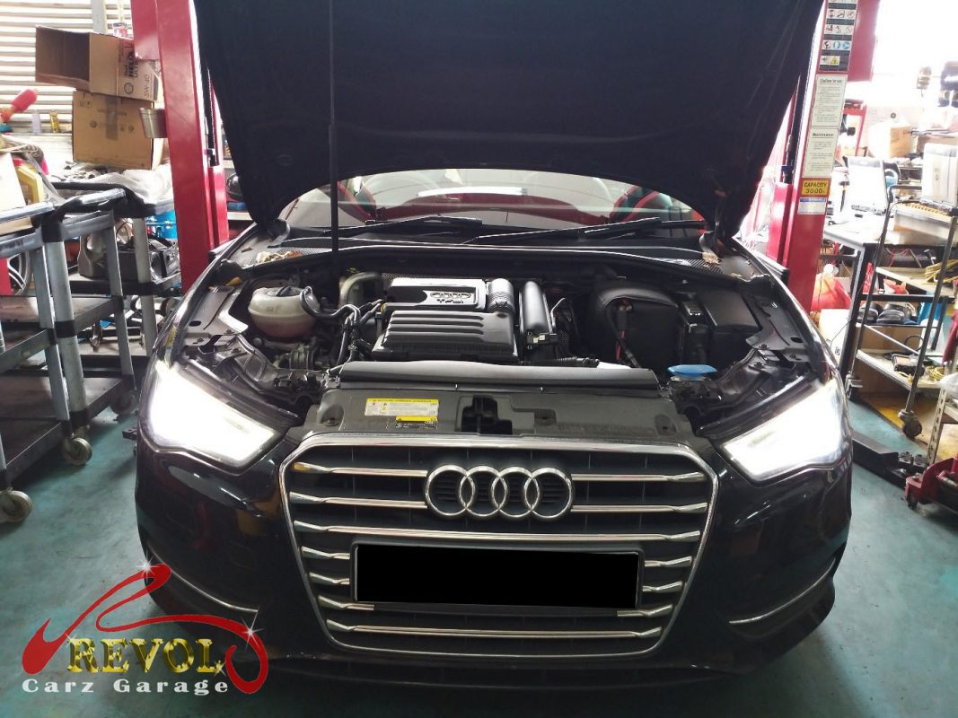 Audi A3 parked at the workshop for a full service.