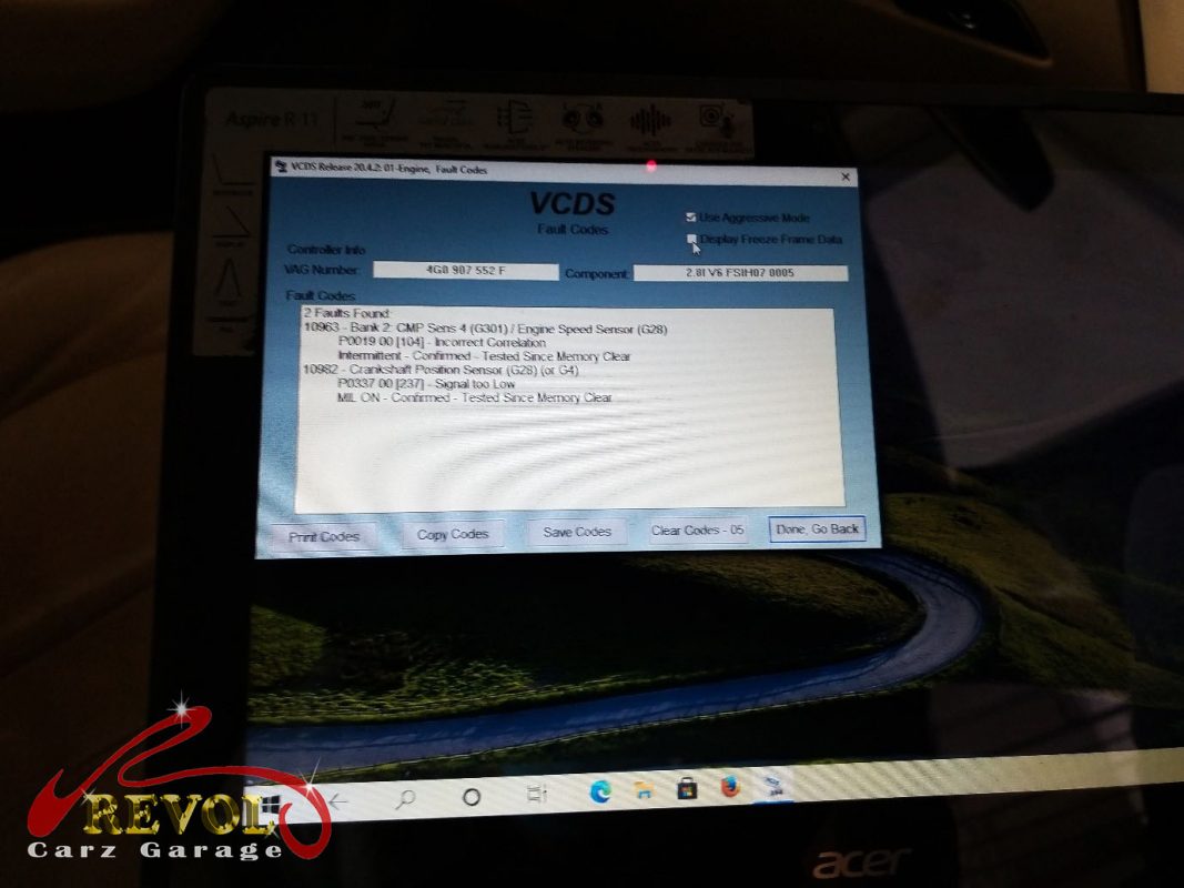 Diagnostic scan on the Audi A6 pointing to the failed crankshaft position sensor.