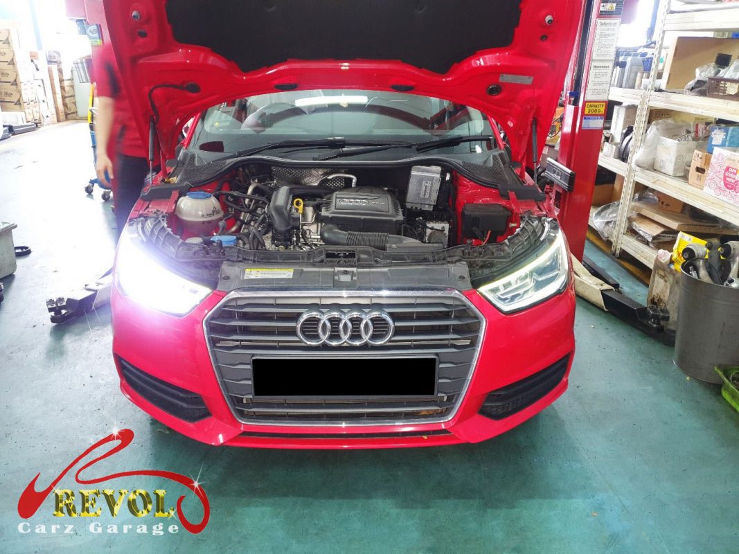 Audi A1 parked at the workshop, in for bulb and wheel speed sensor work.