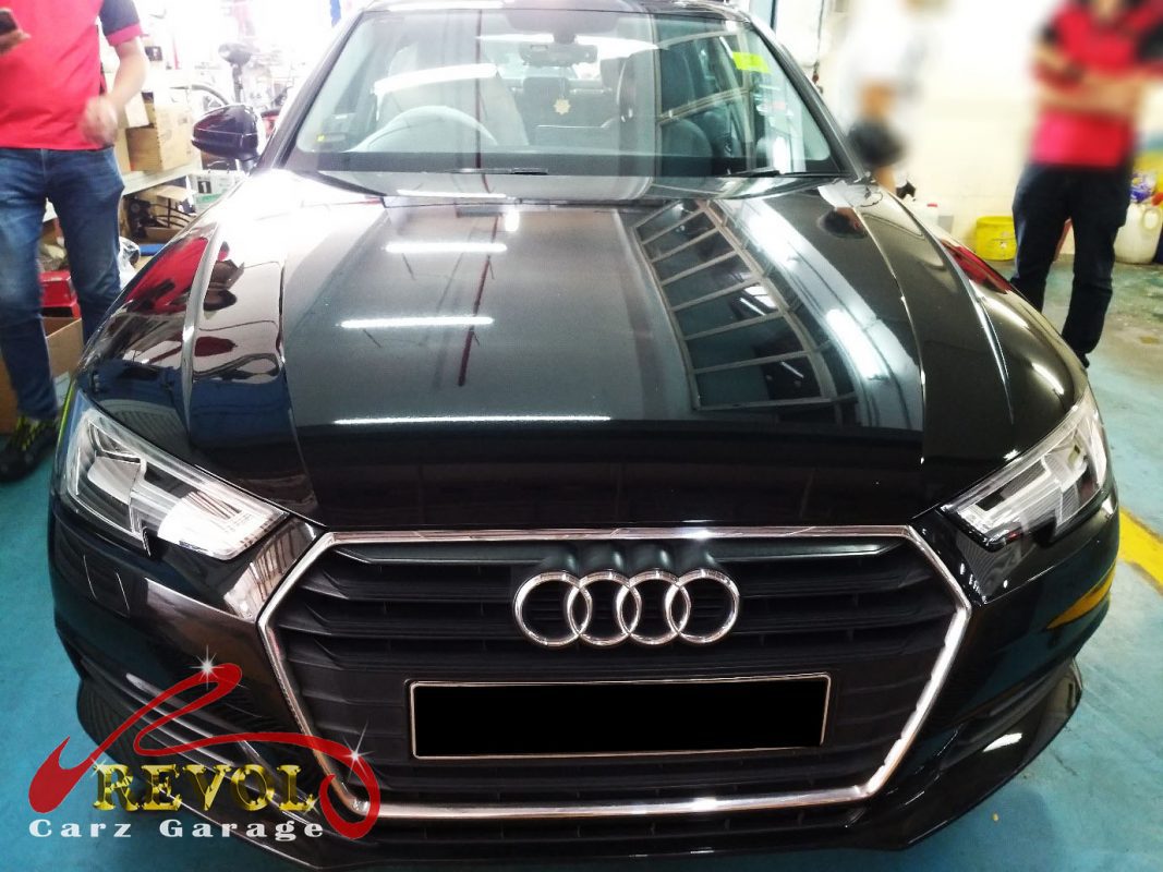 Audi A4 parked at the workshop, in for a wheel bearing diagnosis.