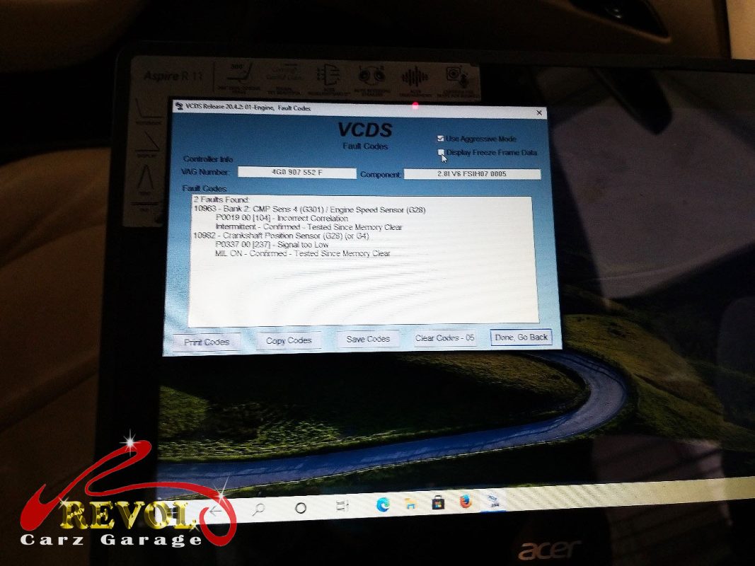 Diagnostic scan on the Audi A6 pointing to the failed crankshaft position sensor.