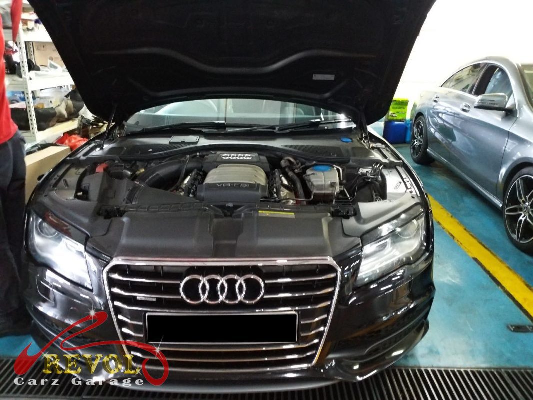 Audi A7 parked at the workshop, in for an aircon diagnosis.
