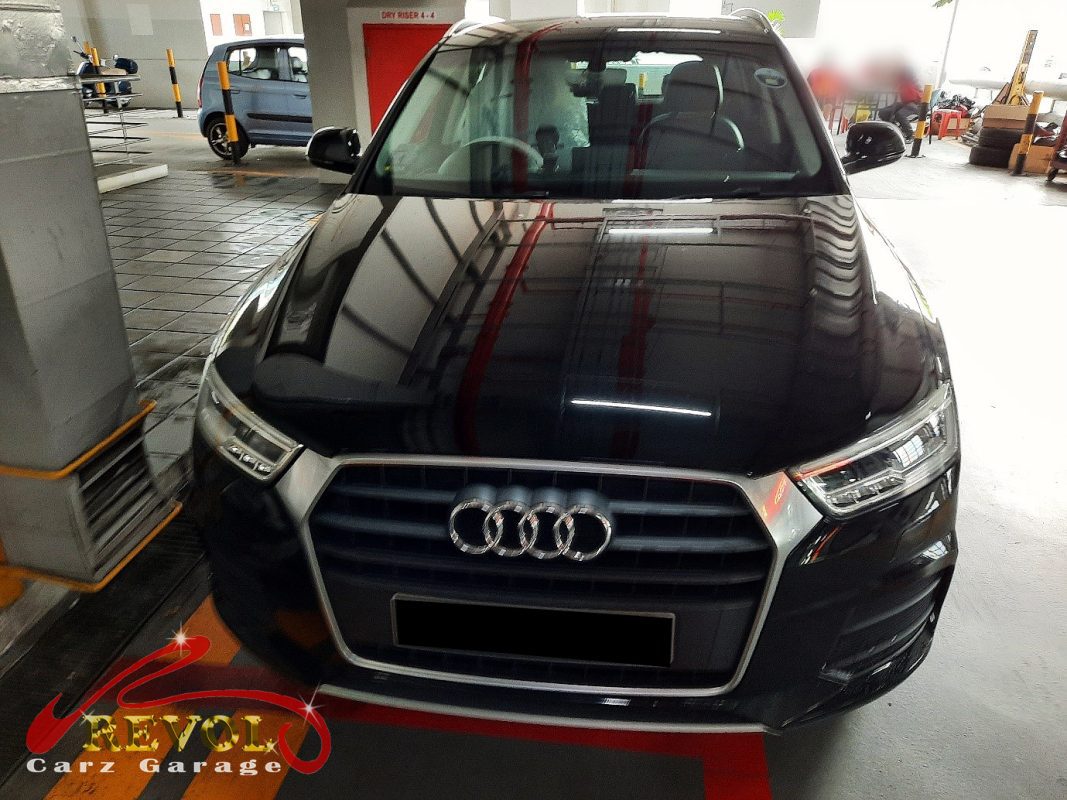 Audi Q3 parked at the workshop, in for a cooling fan diagnosis.