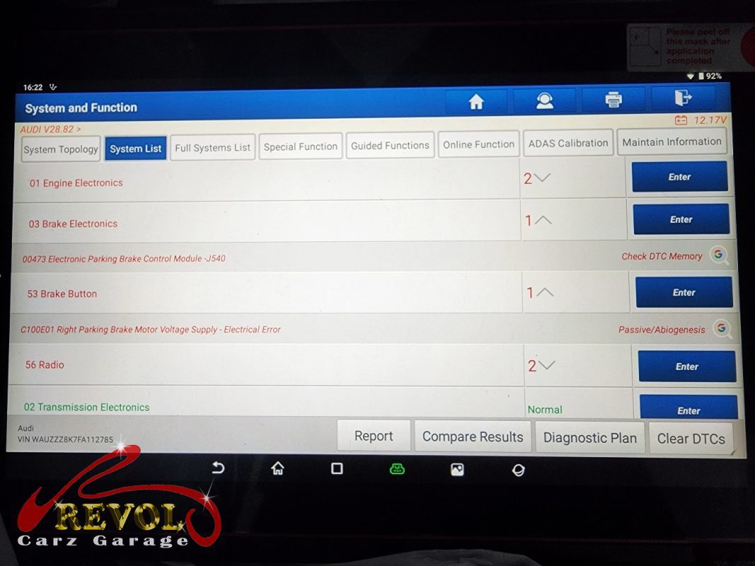Diagnostic scan on the Audi A4 pointing to the failed brake booster actuator.