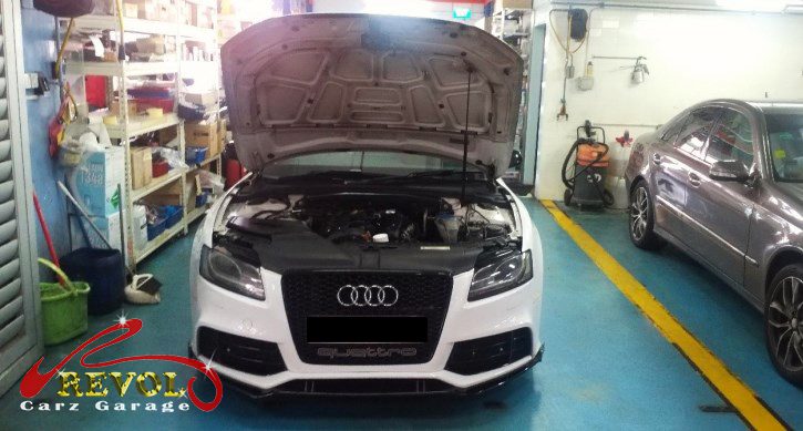 Audi A5 parked at the workshop, in for a cooling fan diagnosis.