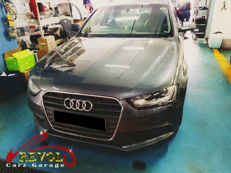 Audi A4 parked at the workshop, in for front shock absorber inspection.