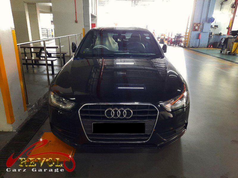 Audi A4 parked at the workshop, in for an oil level sensor diagnosis.