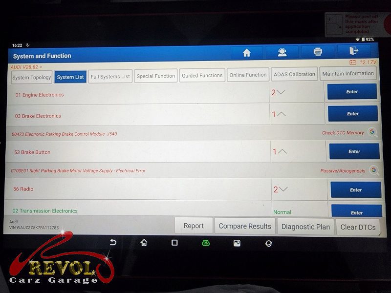 Diagnostic scan on the Audi A4 pointing to the failed brake booster actuator.