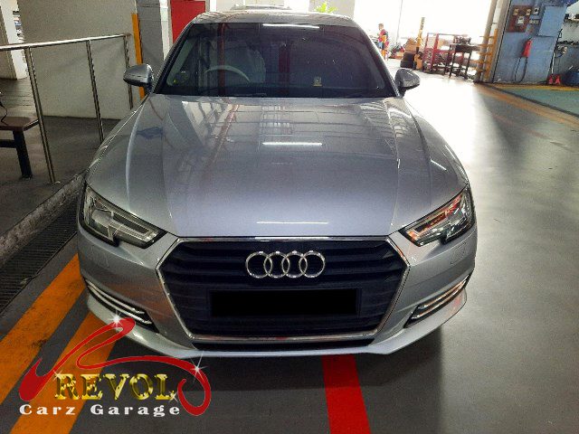 Audi A4 parked at the workshop, in for engine and gearbox mount replacement.