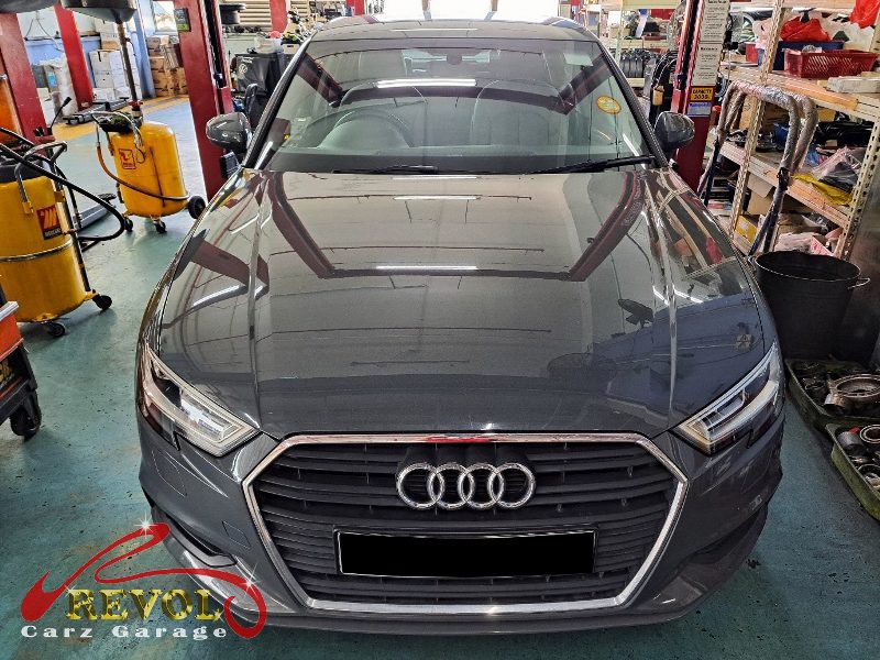 Audi A3 parked at the workshop, in for a battery and charging diagnosis.