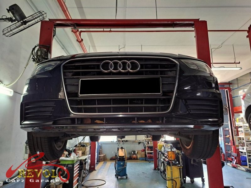Audi A3 parked at the workshop, in for a wheel bearing diagnosis.