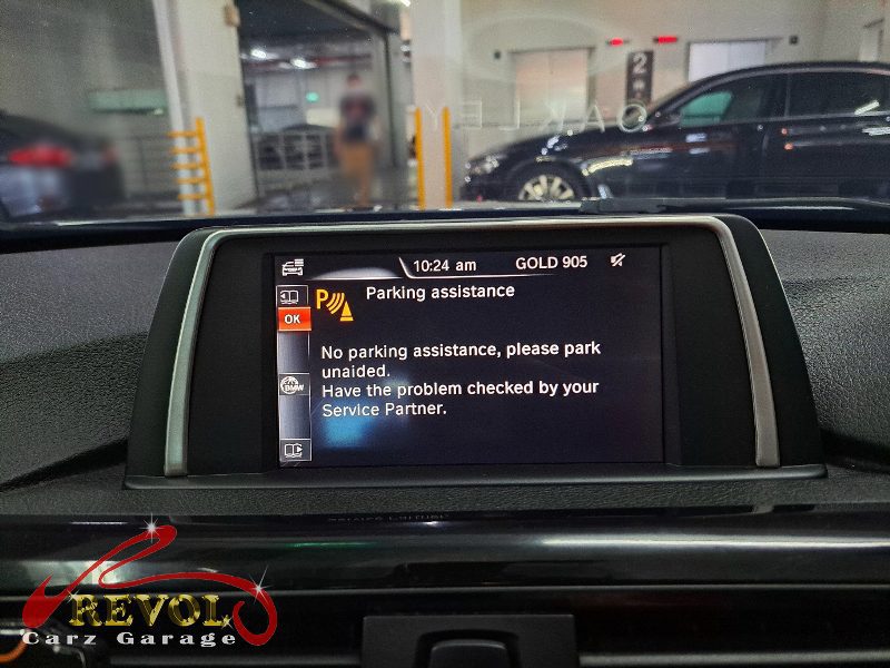 The diagnostic scan on the BMW 316i pointing to the rear outer left ultrasonic sensor.