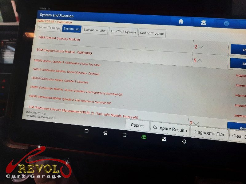 Misfire diagnostics on the BMW 318i pointing to the ignition side.