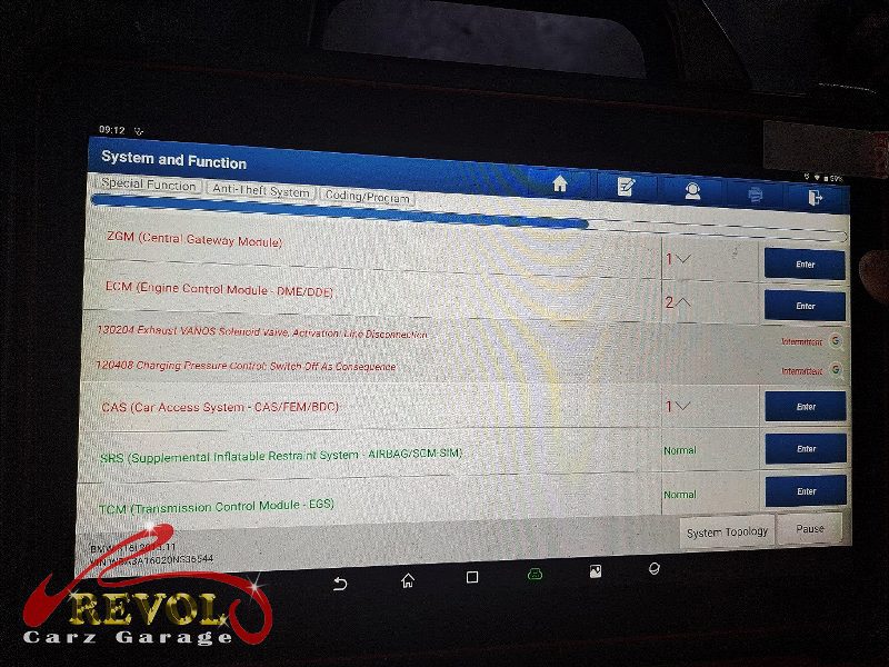 Diagnostics on the BMW 316i showing the exhaust VANOS fault code.