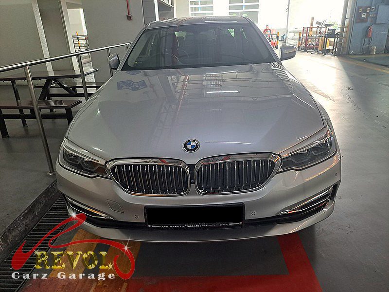 BMW 530i parked at the workshop, in for a coolant leak diagnosis.