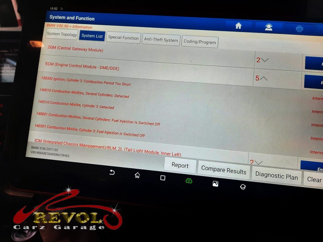The diagnostic scan showing the misfire on the BMW 318i.
