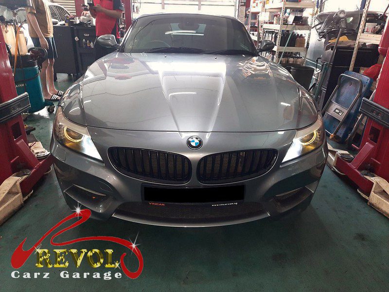 BMW Z4 parked at the workshop, in for aircon compressor inspection.