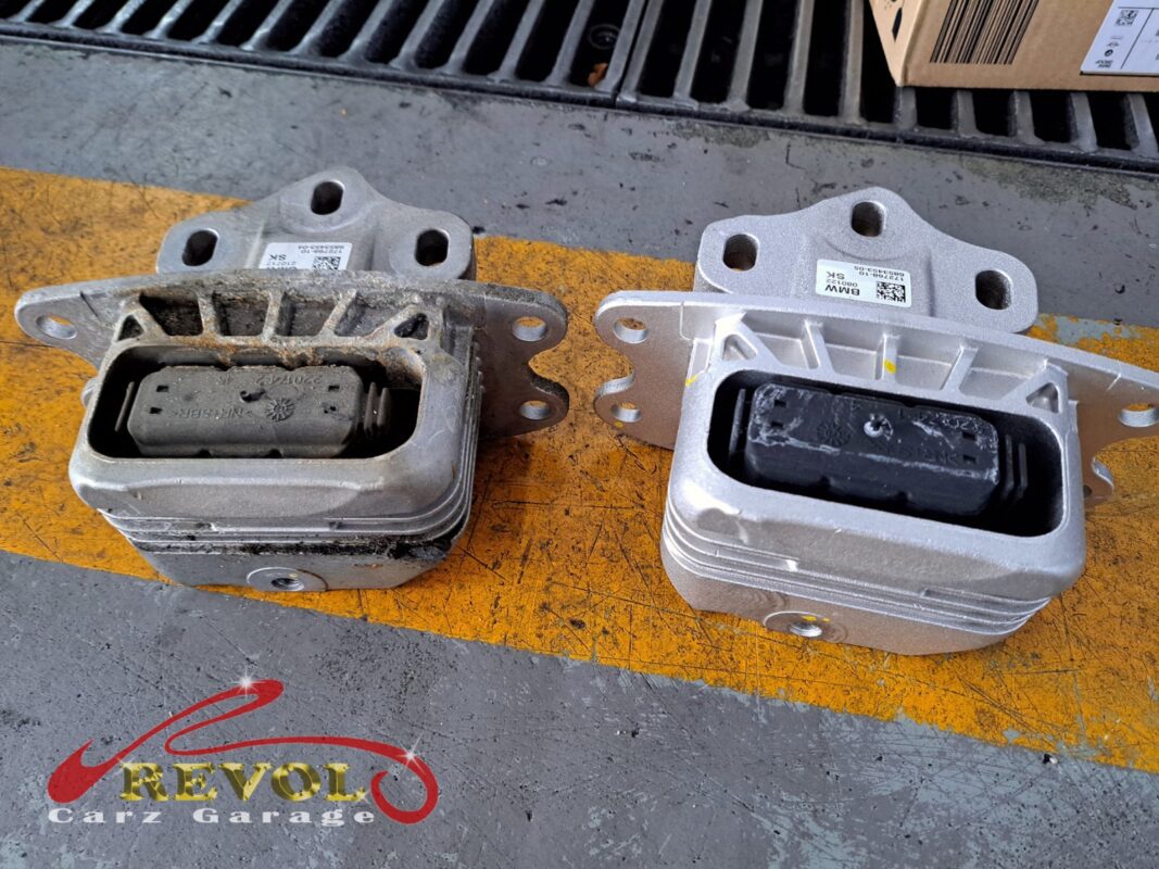 The new BMW-spec engine and gearbox mounts and torque link ready to fit.