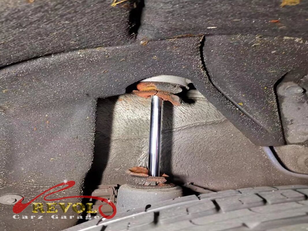 The old rear shocks removed beside the new BMW-spec set.