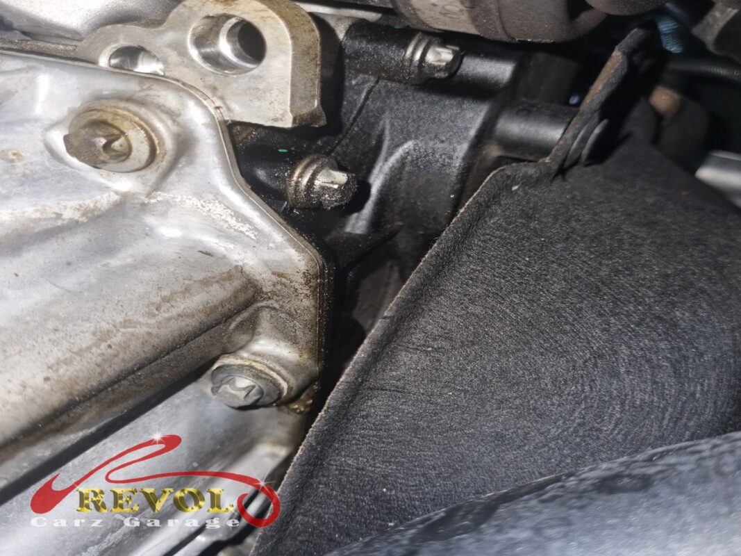 The front of the engine after cleaning and running warm, the timing cover area showing where oil had been weeping.