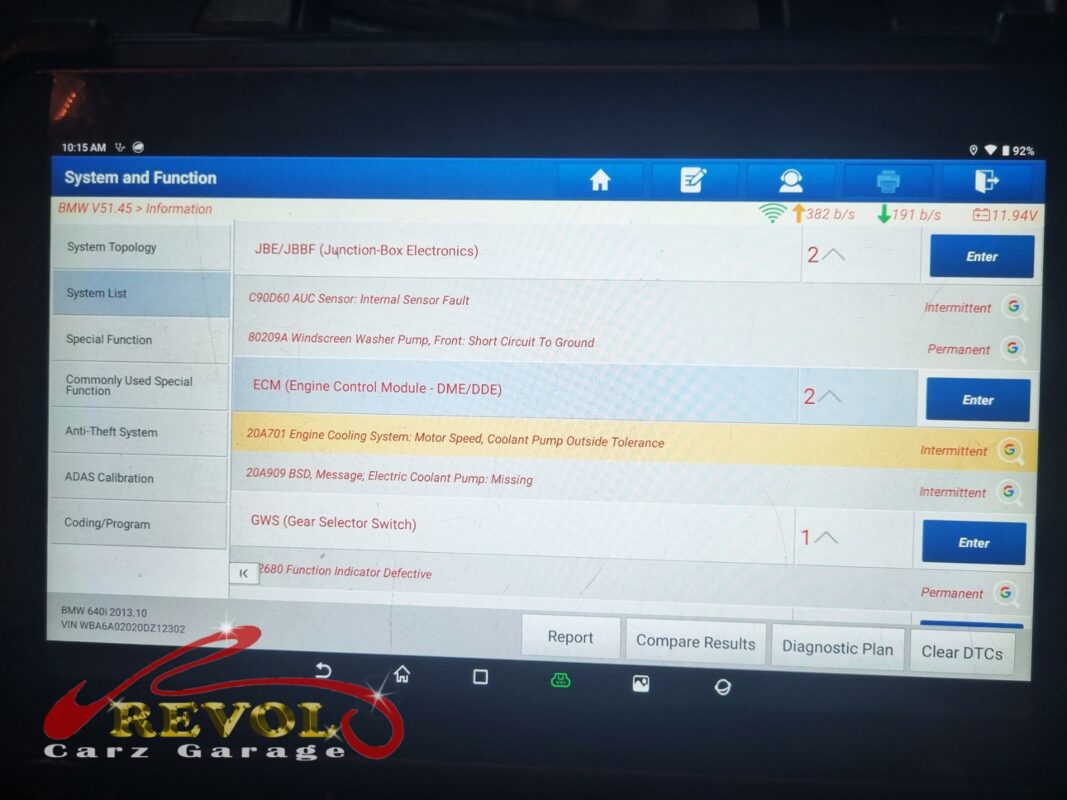 The scan flagging it: 'Engine Cooling System: Motor Speed, Coolant Pump Outside Tolerance' and 'Electric Coolant Pump: Missing', the pump's flow not keeping up with what the engine asked for.