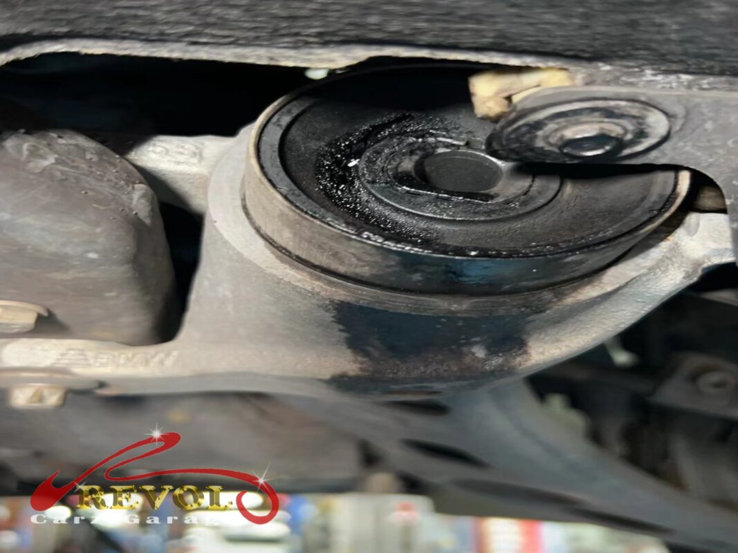 The large rear bush on one of the lower control arms, the rubber perished and weeping, no longer locating the arm.