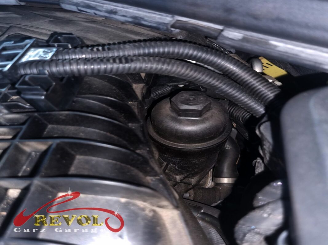 The oil filter housing on top of the engine, the leak traced to the gasket sealing it to the block.
