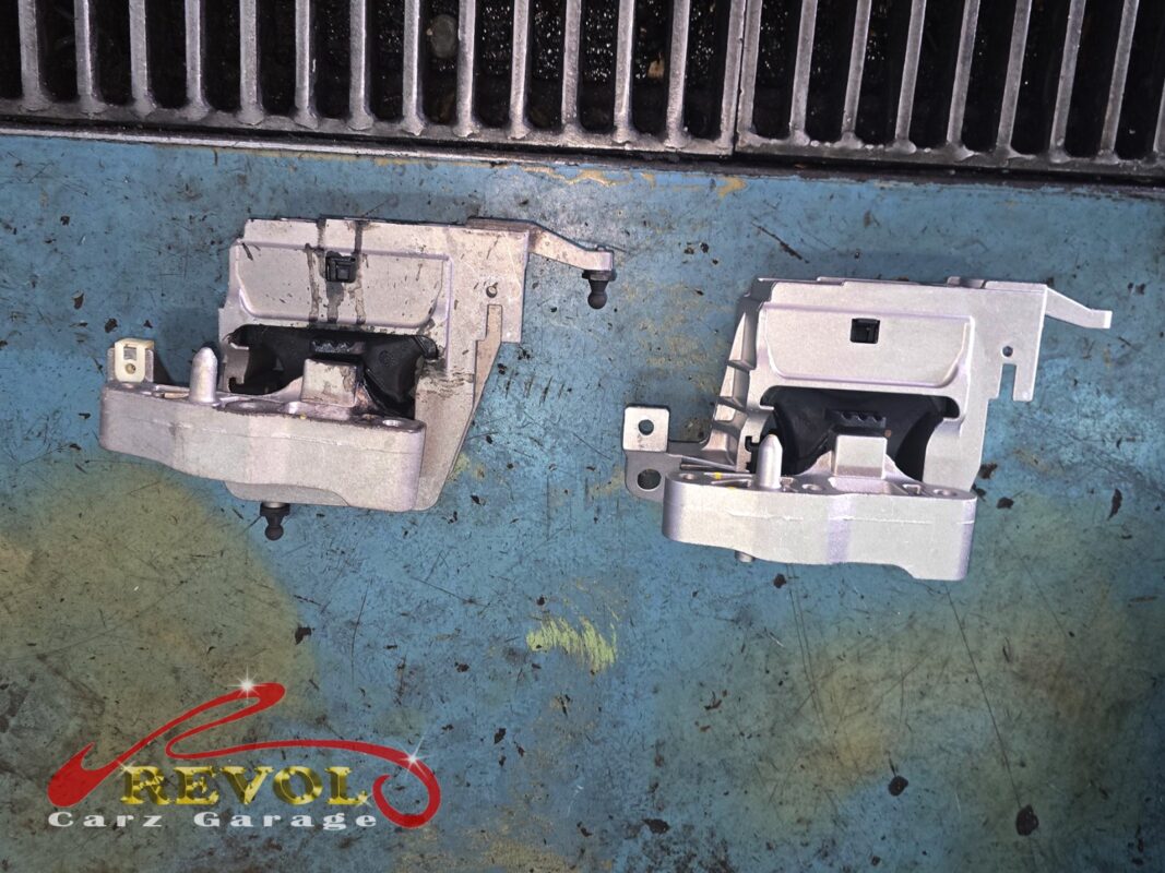 The two old hydraulic mounts off the car, one with the rubber visibly torn away from the metal.