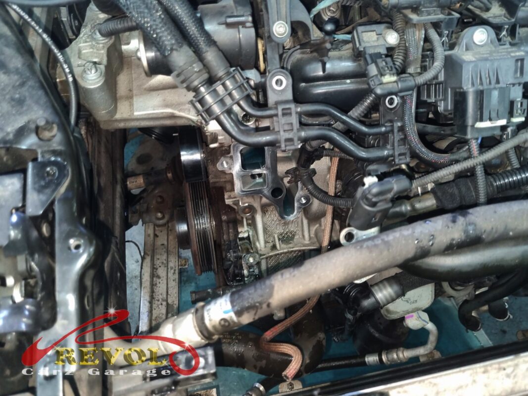 The water pump area opened up, the drive belt off and the pump ready to come out.