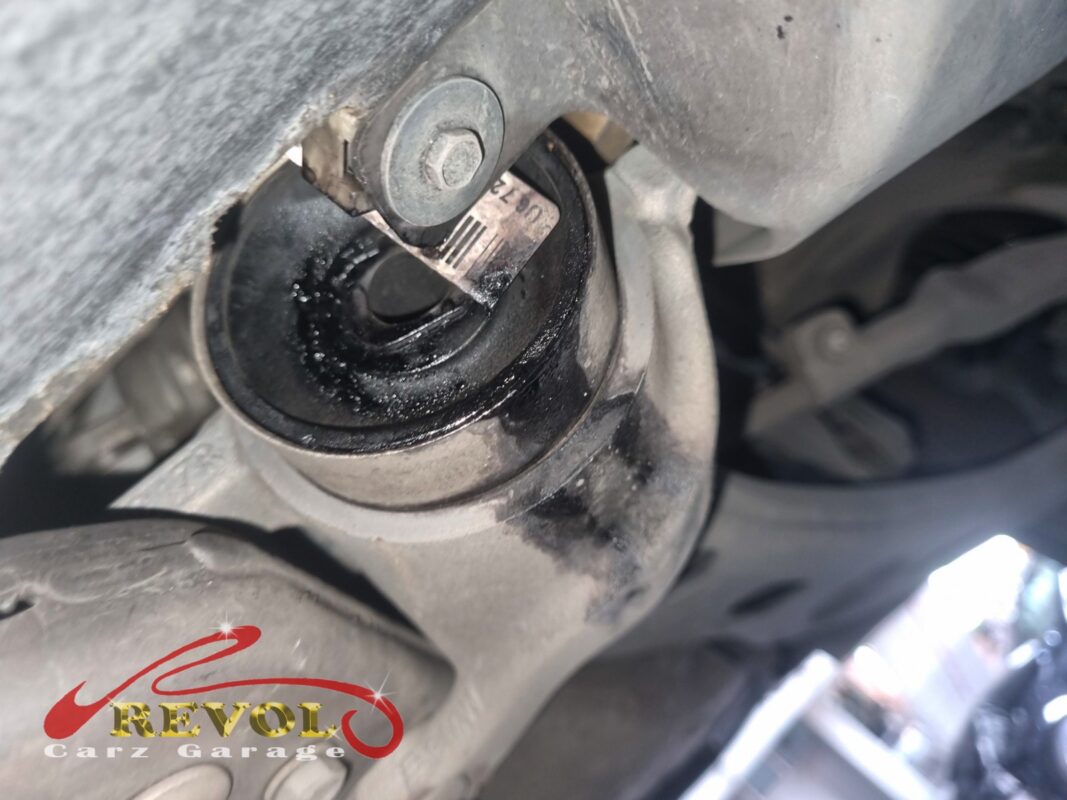 The big rear bush on one of the lower control arms, the rubber perished and weeping, no longer holding the arm.