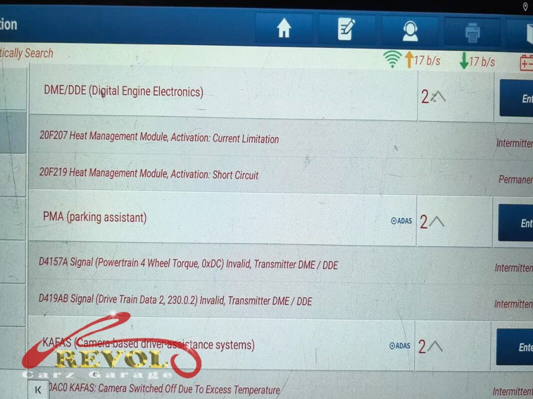 The scan flagging it: 'Heat Management Module, Activation' faults, the electronic thermostat module not behaving.