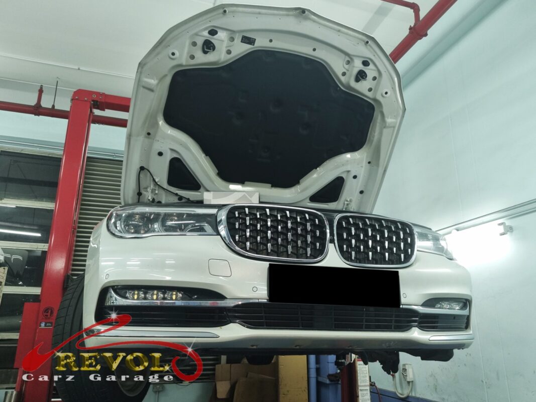The 730Li up on the two-post lift, in to track down the front hum.