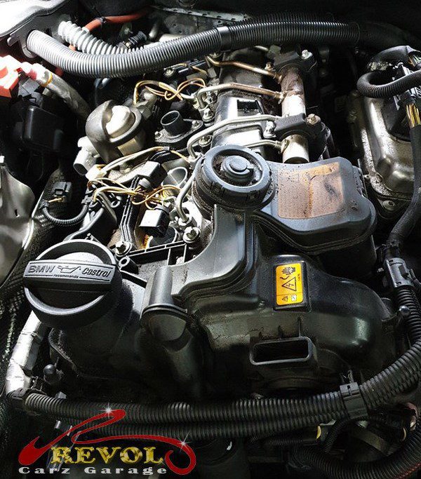 Oil pooled in the spark plug wells around the coils.