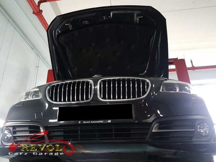 BMW 520i at the workshop, in for a vibration on cold start.