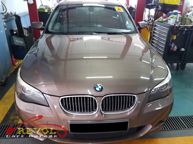 BMW 520i parked at the workshop, in for a gearbox overhaul.