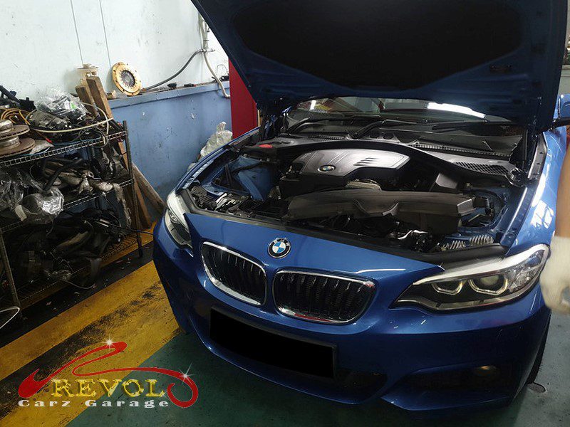BMW 220i parked at the workshop, in for a service and battery replacement.
