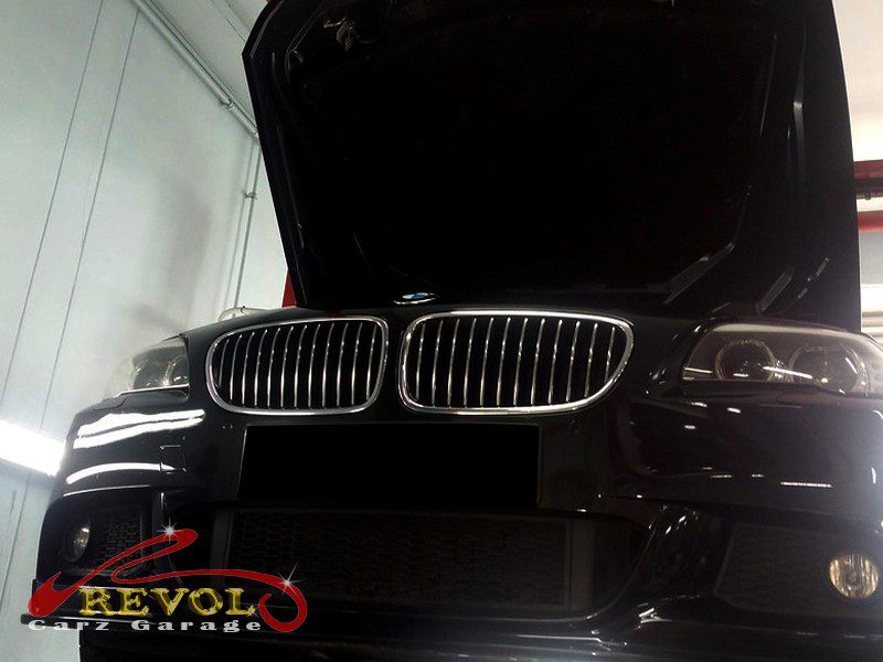 The engine cleaned off and run on the BMW 523i, the leak traced to the oil filter housing.