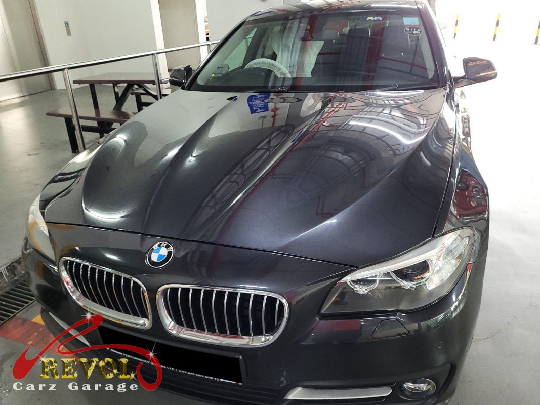 BMW 528i parked at the workshop, in for a coolant leak diagnosis.
