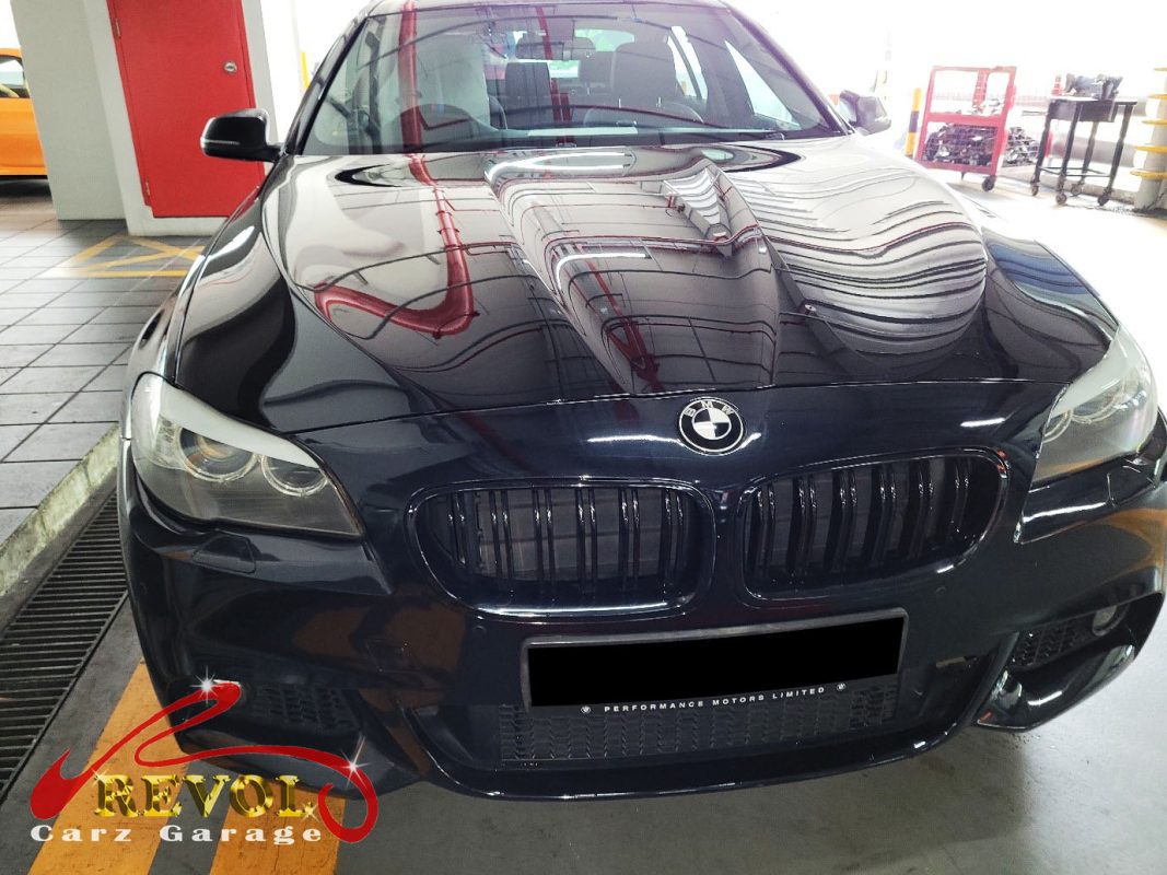 BMW 520i parked at the workshop, in for steering rack inspection.