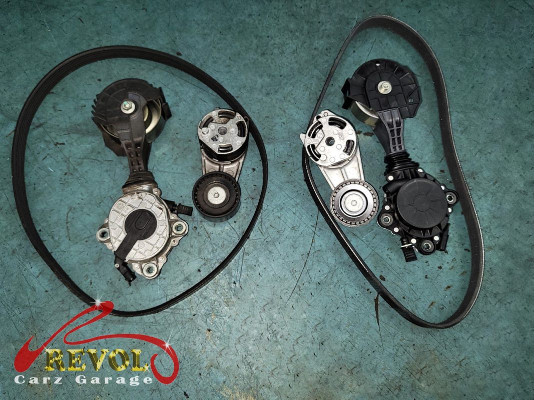 The new genuine BMW-spec drive belt, tensioner and idlers ready to fit.