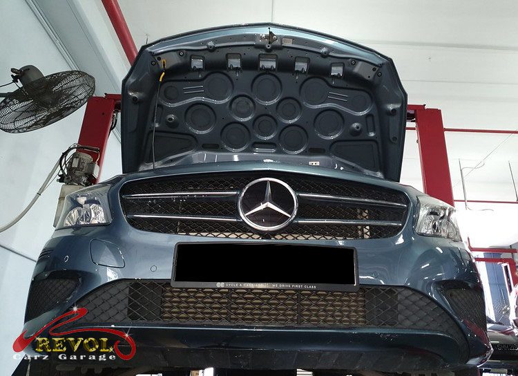 Mercedes-Benz A-Class at the workshop, in for engine mount inspection.