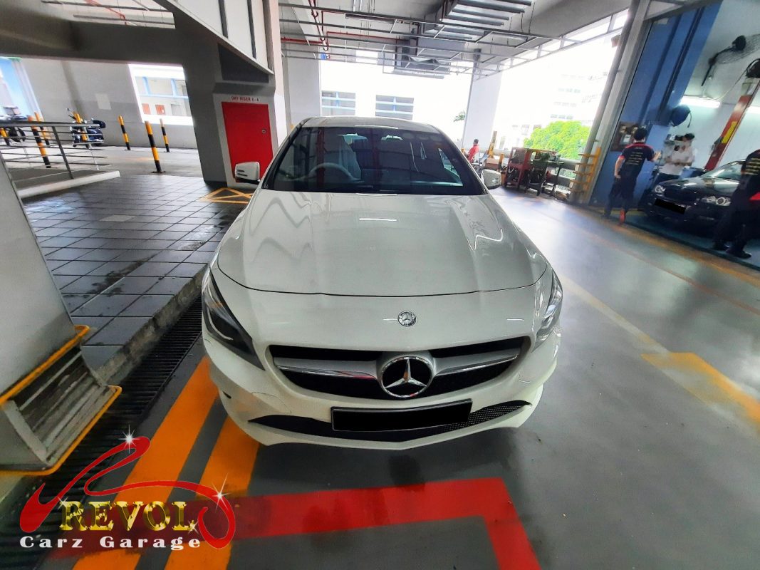 Mercedes-Benz CLA180 parked at the workshop for servicing, engine mount and oil valve work.