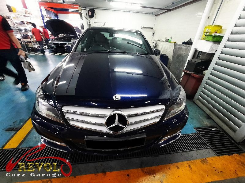 Mercedes-Benz C180 parked at the workshop, in for air and cabin filter replacement.