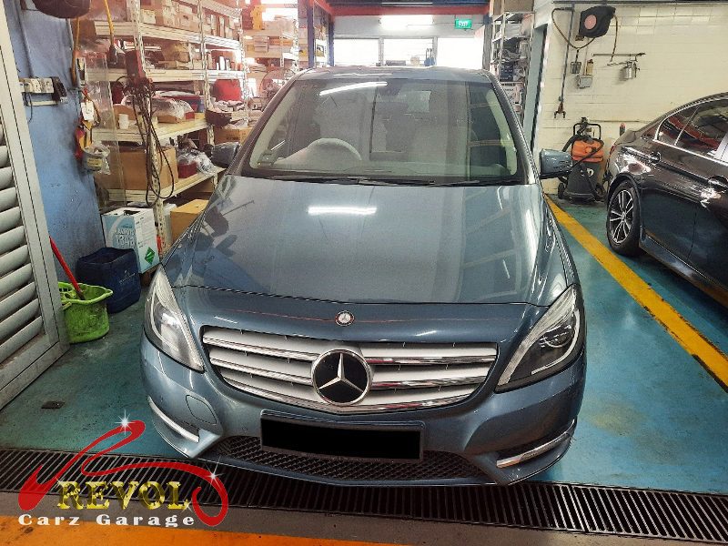 Mercedes-Benz B200 parked at the workshop, in for bulb replacement.