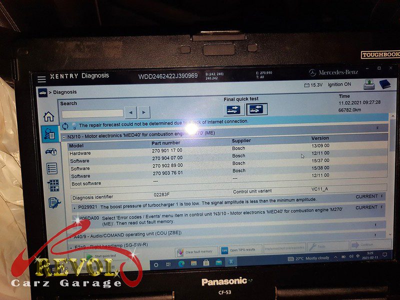 Diagnostics on the Mercedes-Benz B180 showing the underboost fault codes.