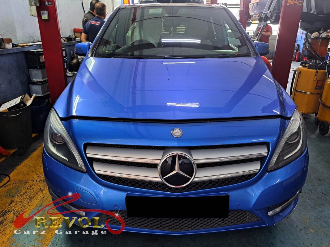 Mercedes-Benz B180 parked at the workshop, in for front shock absorber inspection.