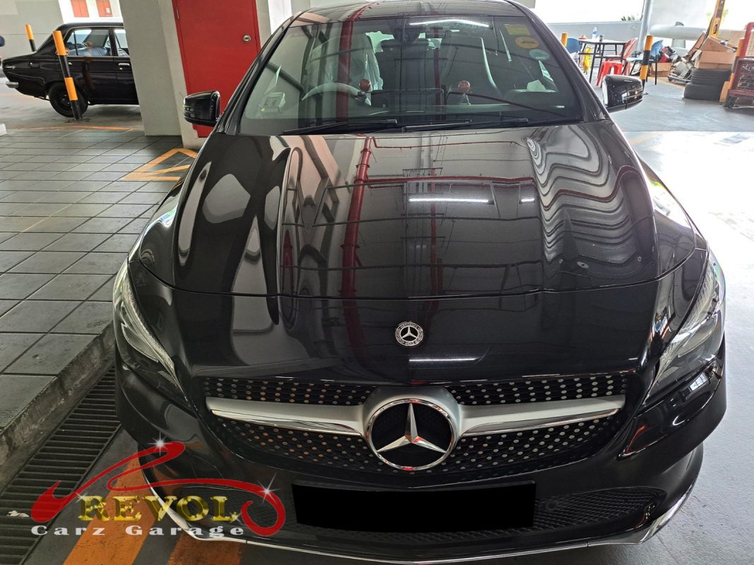 Mercedes-Benz CLA parked at the workshop for a transmission fluid service.