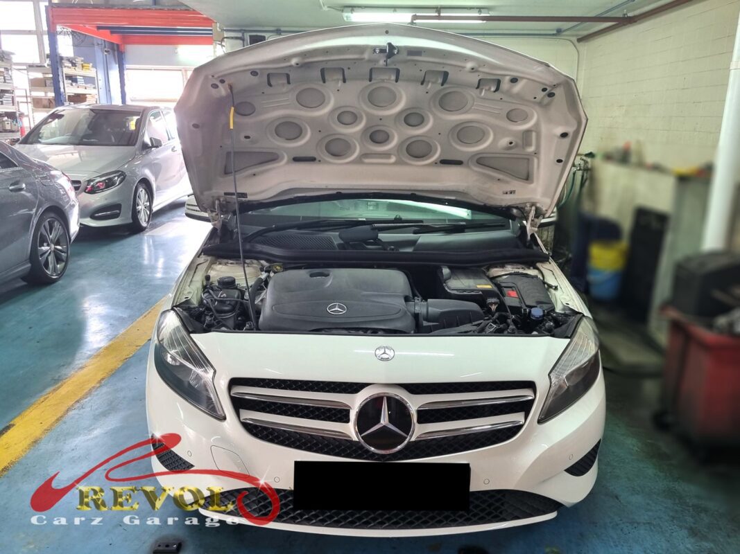 Mercedes-Benz A180 parked at the workshop, in for oil leak inspection.