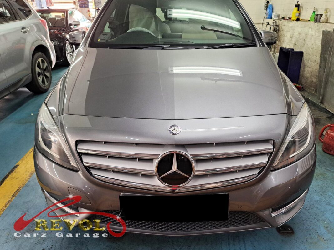 Mercedes-Benz B200 parked at the workshop, in for wheel bearing inspection.