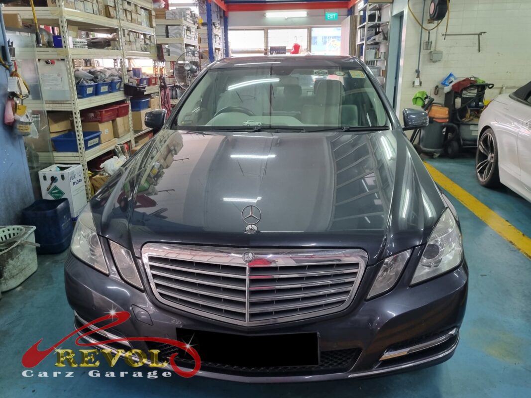Mercedes-Benz E250 parked at the workshop, in for a transmission fluid service.